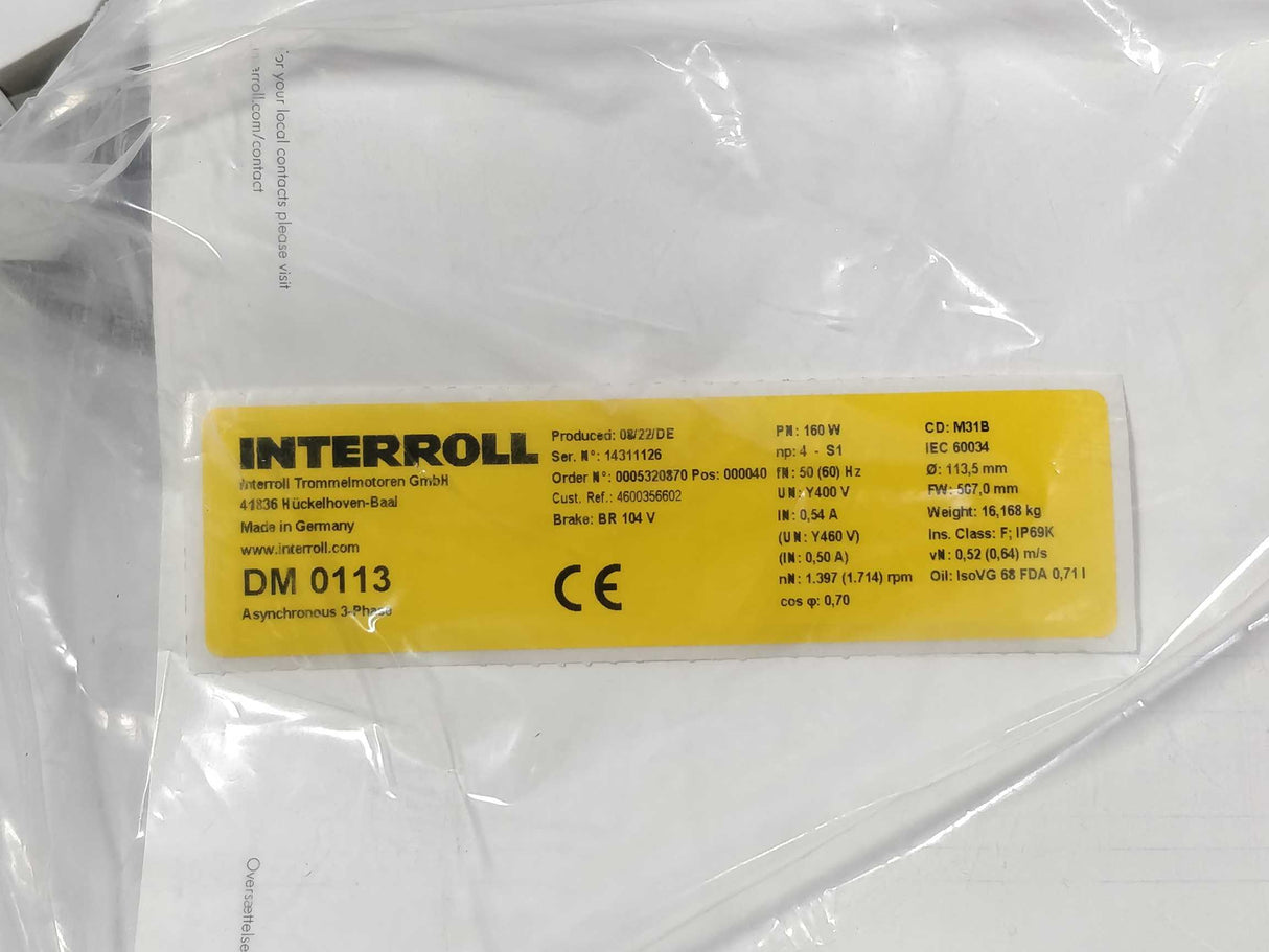 Interroll DM 0113 Drum Motor - 1.397(1.714)rpm - 160W - Ø 113,5mm FW 507,0mm