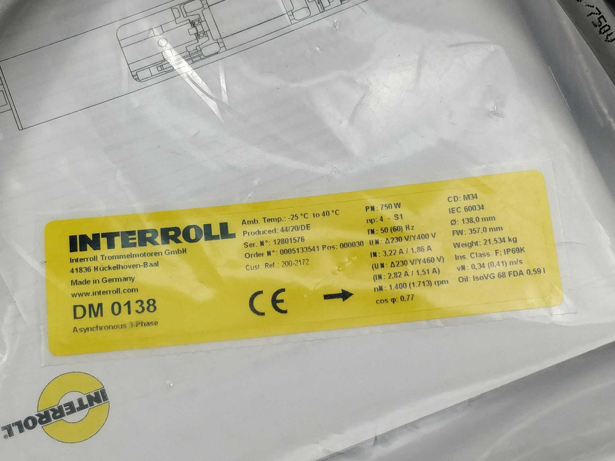 Interroll DM 0138 Asynchronous 3 Phase M34 - 750W - Ø 138,0mm FW 357,0mm