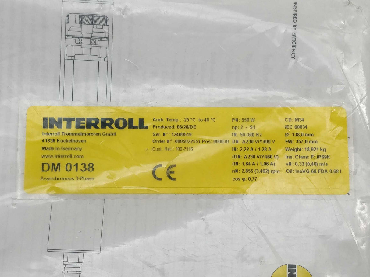 Interroll DM 0138 Asynchronous 3 Phase M34 - 550W - Ø 138,0mm FW 357,0mm