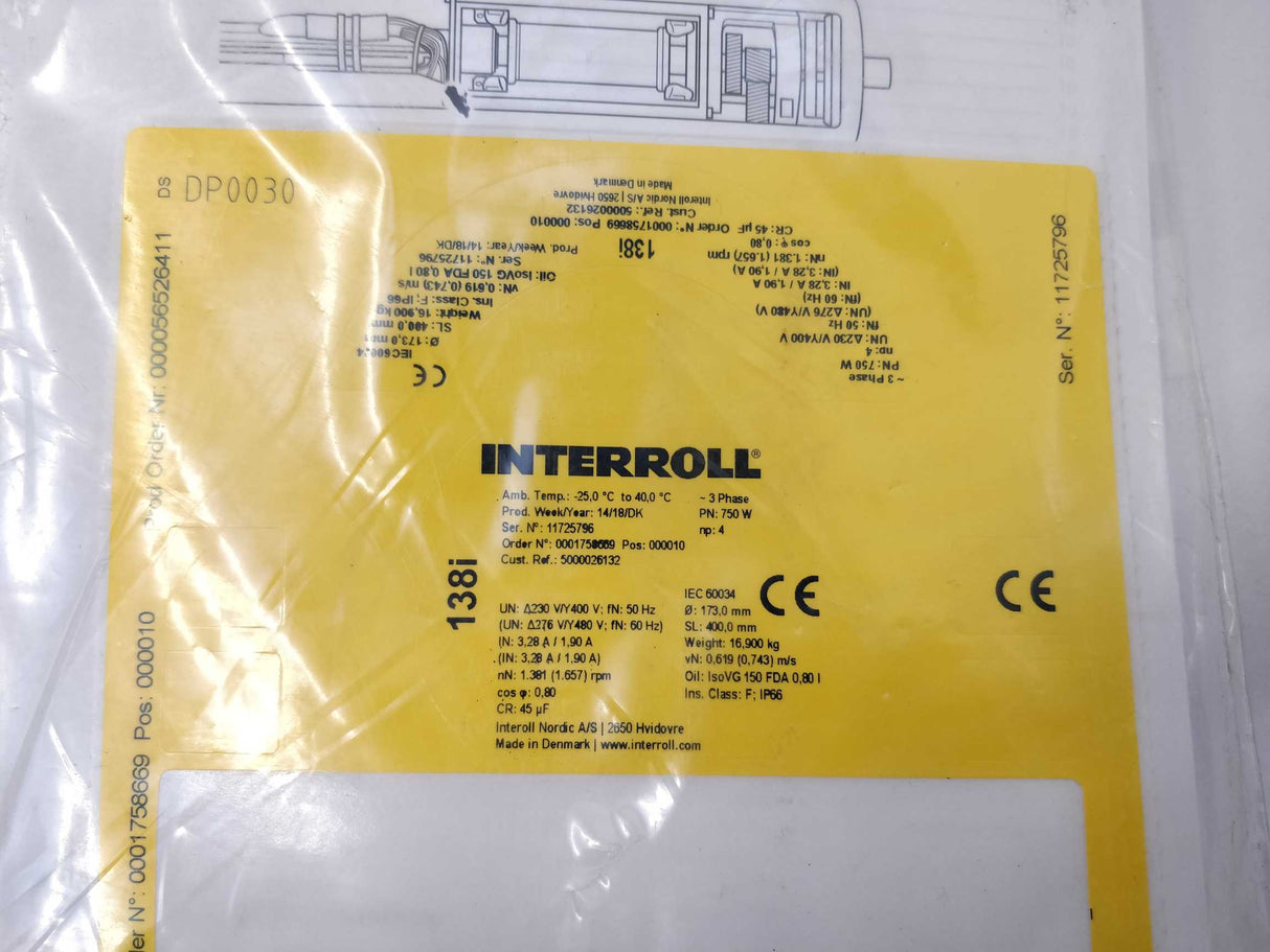 Interroll 138i Drum Motor 3 Phase - Ø 173,0mm SL 400,0mm