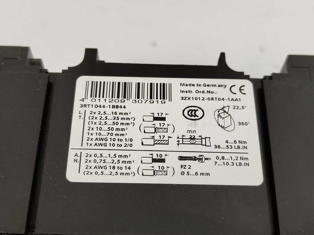 Siemens 3RT1044-1BB44 Power Contactor with 3RH1921-1HA22