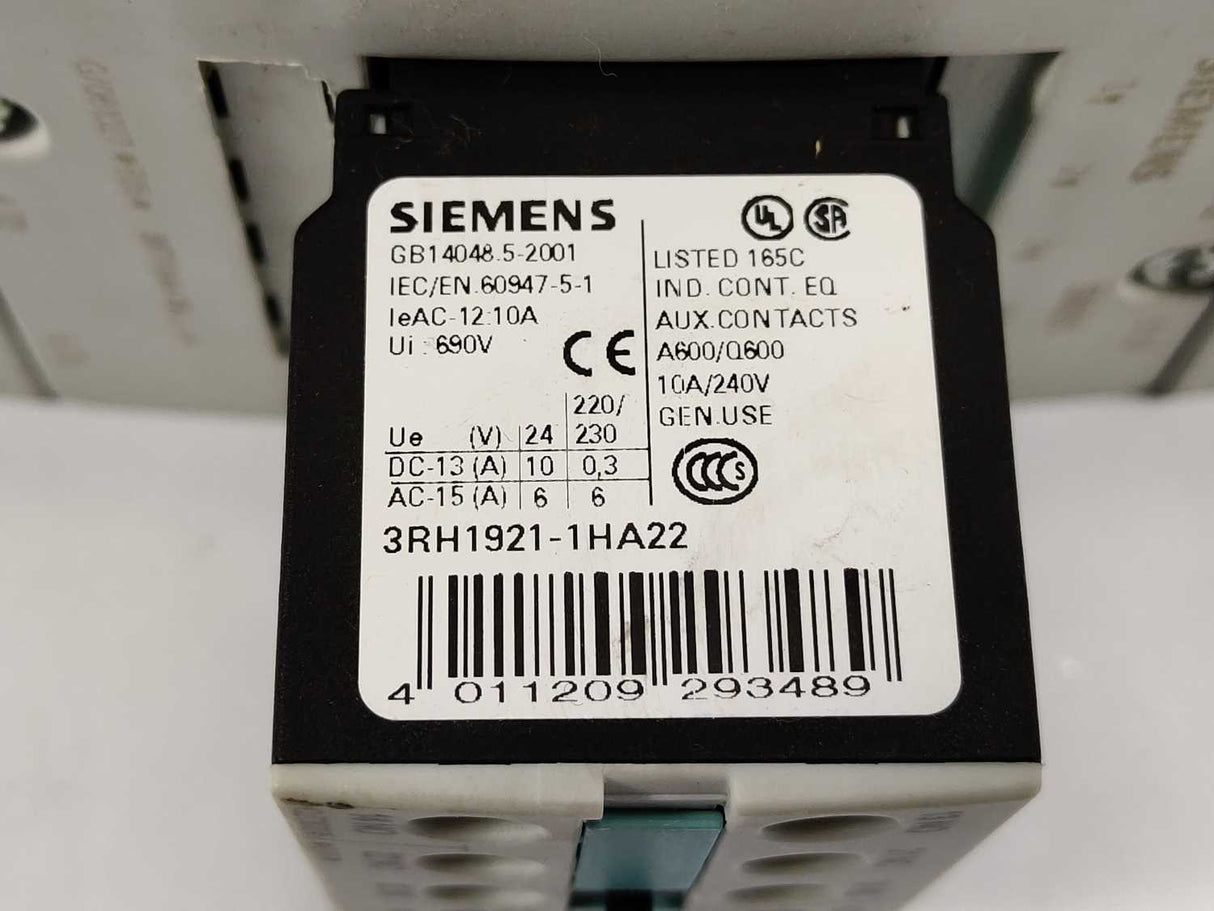 Siemens 3RT1044-1BB44 Power Contactor with 3RH1921-1HA22