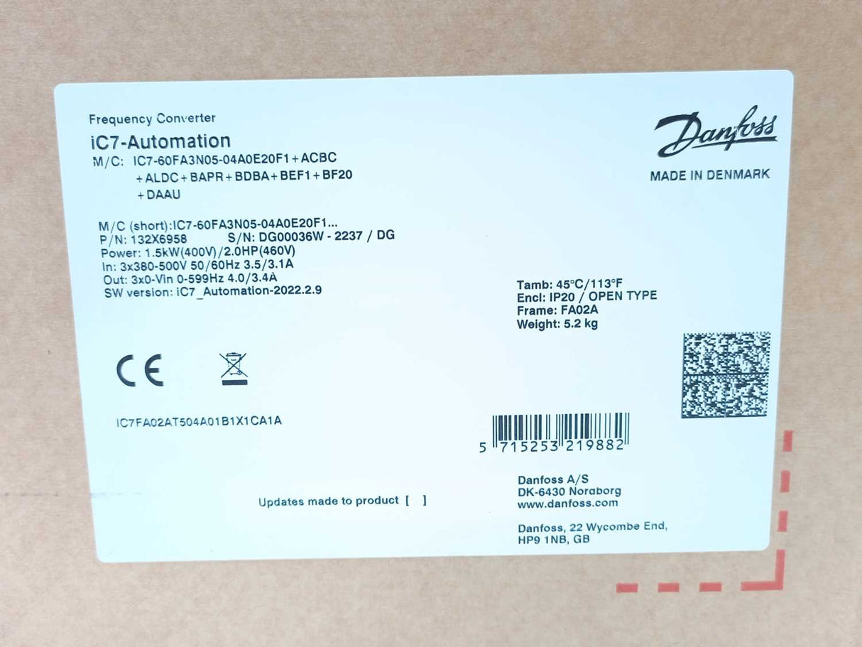 Danfoss 132X6958 iC7-Automation Frequency Converter. 4.0 A